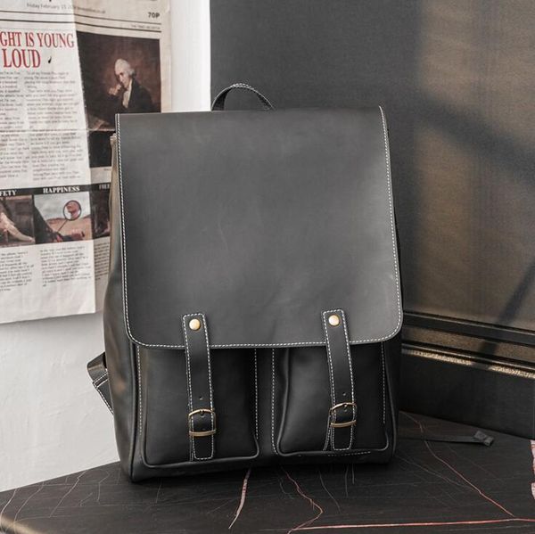 

factory wholesale men bag college belt decoration student shoulder bags retro crazy horse leather backpacks outdoor travel flip leathers lei