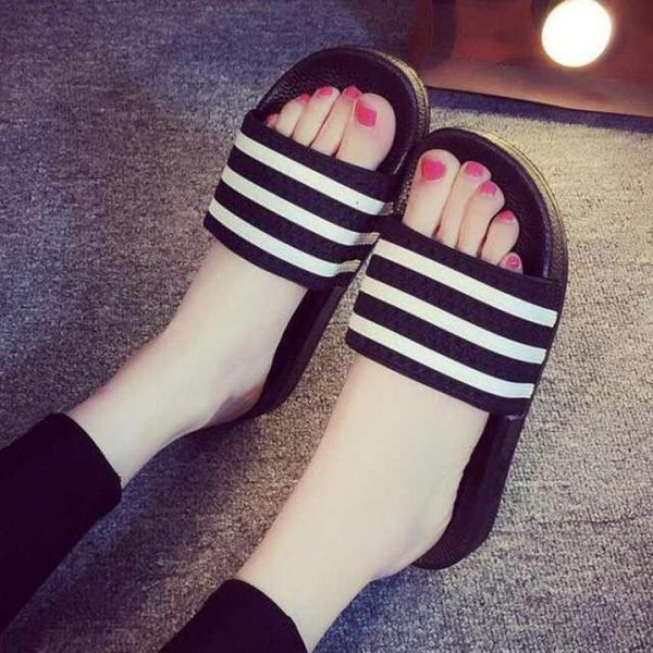 

summer couple slippers women men flip flops stripe beach flat shoes indoor home sandals soft bathroom lady footwear, Black