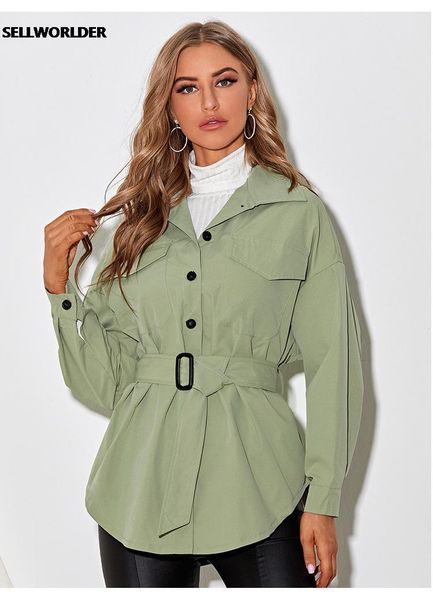 

women's jackets women spring and autumn casual fashion macaron solid color shirt jacket with belt, Black;brown