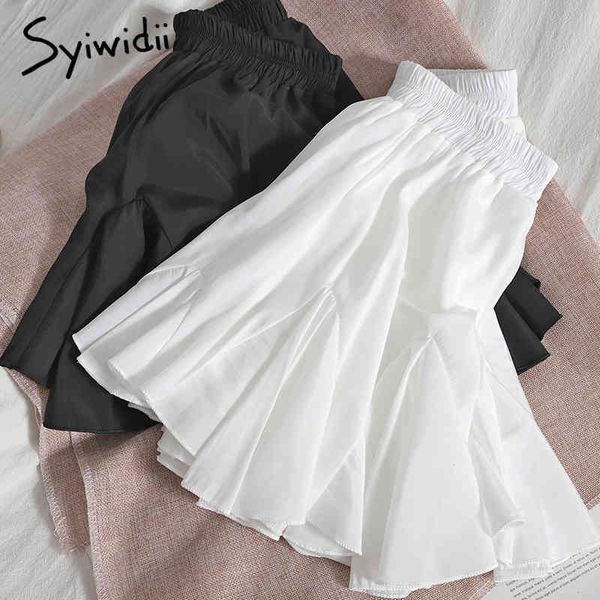 

syiwidii elastic high waist white mini skirts women ruffles a-line white unicolor summer clothing korean fashion ball gown 210417, Black