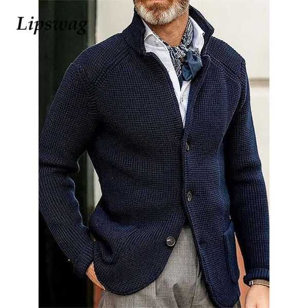 

fashion solid mens knitted outerwear winter warm long sleeve casual cardigan coats men vintage buttoned stand collar jacket 211217, Black;brown