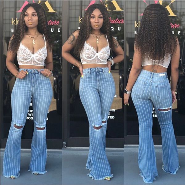 

Fashion A Pair Of Jeans Fashionable Women' Striped High Waist Micro Horn, There are holes