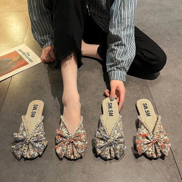 

slippers floral beads summer women 2021 girls sweet bows linen closed toe slip on mules shoes casual slides flip flop, Black