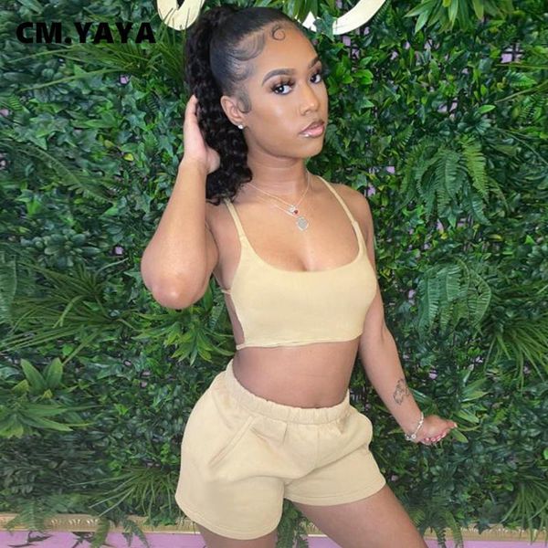 

women's tracksuits cm.yaya women set solid sleeveless strap hollow out crop pockets shorts two 2 piece sets active tracksuit outfits s, Gray