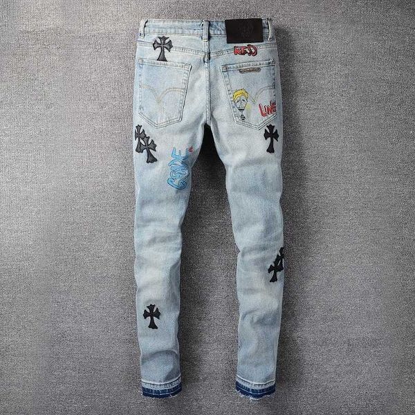 

street chic ch crow's heart cross casual wash old high street hip hop slim jeans #722mvyb, Blue