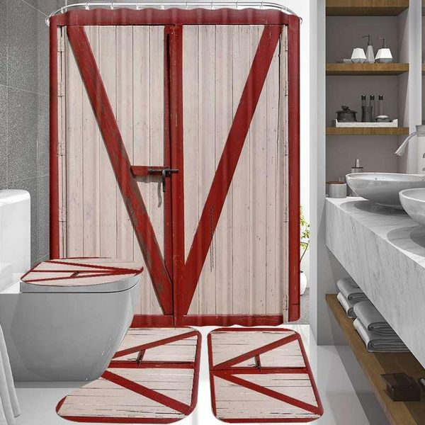 

bath accessory set 4pcs red door printing bathroom waterproof shower curtains mildew-proof anti-slip toilet polyester cover mat rug