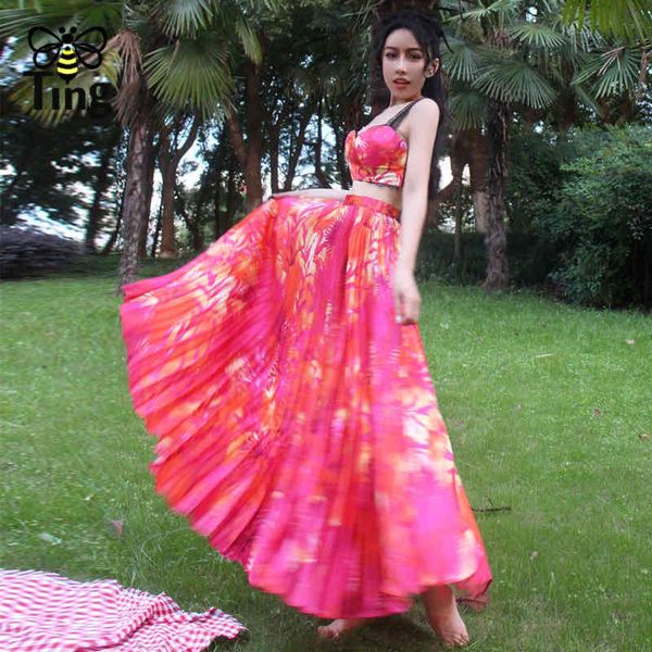 

summer bohemian crop & pleated skirts boho street chi women 2 pieces sets casual tropical print outfits 210513, White
