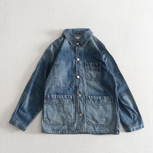 

men's jackets spring and autumn japanese retro blue denim jacket fashion heavy weight washed old multi-pocket casual cargo coat, Black;brown