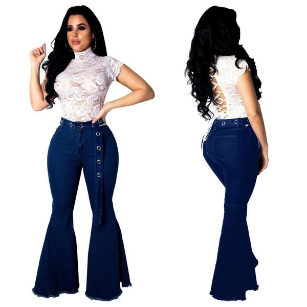 

women high elastic flare bell bottoms ladies stretching jeans fashion wide leg denim trousers 2021 women's, Blue