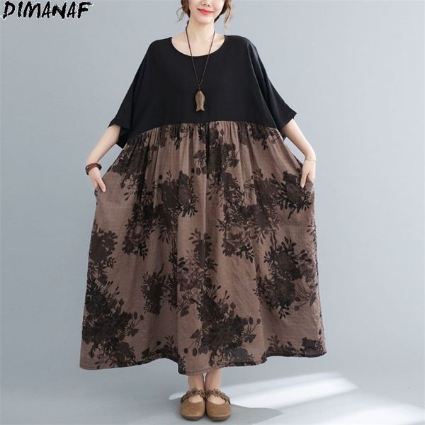 

plus size summer dress women vintage lady patchwork oversize 5xl 6xl long cotton casual floral print black 210531, Black;gray