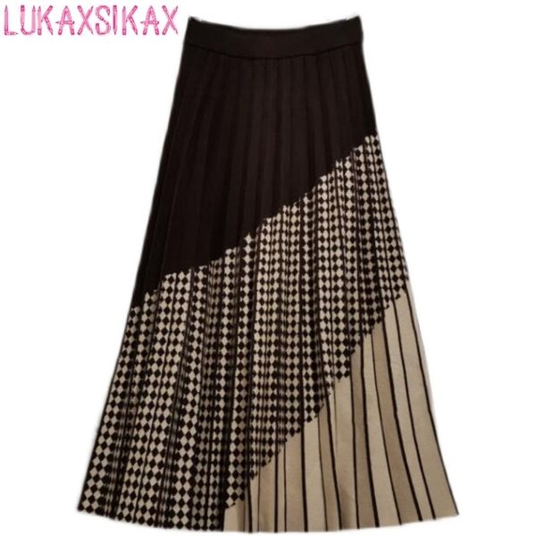

autumn winter women high waist slim long skirt quality fashion contrast color vintage plaids patchwork knitted 211112, Black