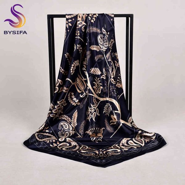 

[bysifa] new women satin silk scarf shawl fashion accessories brand navy blue large square scarves muslim head scarf foulard y1108, Blue;gray