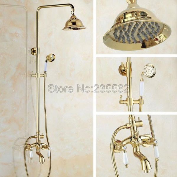 

golden brass luxury rain shower faucet set bathroom dual ceramic handle tub mixer tap wall mounted + hand spray lgf436 sets