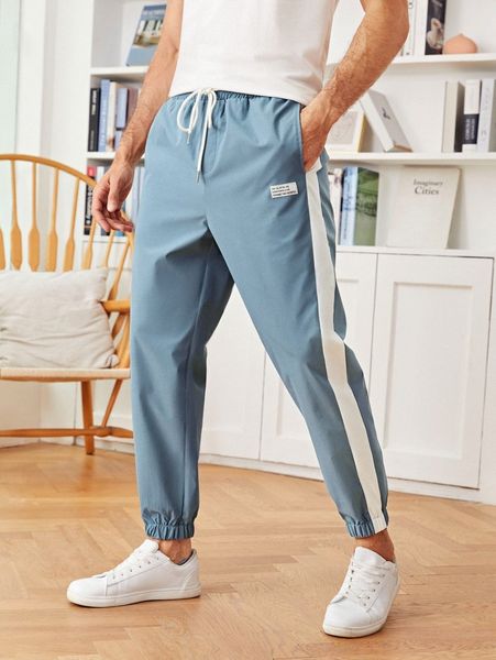 

men patched detail contrast sideseam pants c1ew#, Black