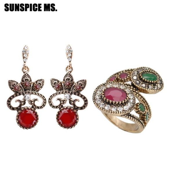 

earrings & necklace turkish retro vintage rings dangle for women antique gold color round resin bohemia ethnic wedding jewelry sets, Silver
