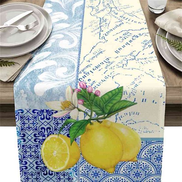 Blauer Porzellan-Textur-Karte-Zitronen-Tischläufer, moderne Party, Esszimmer, Hochzeit, Dekostoff und Tischsets 210709