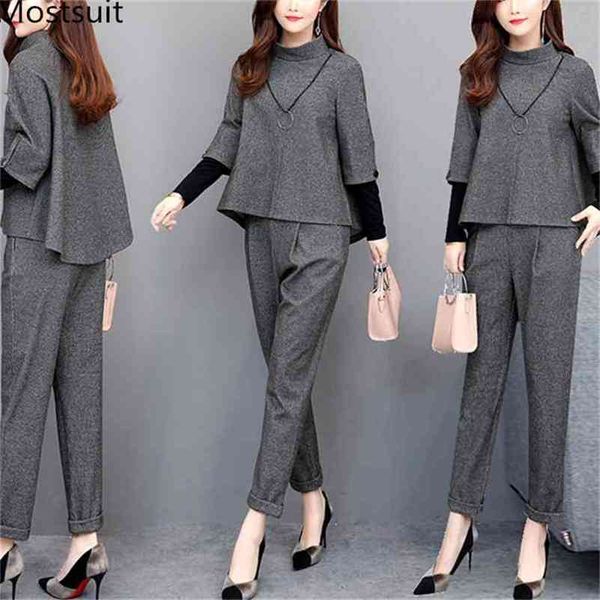 

autumn grey elegant two piece sets outfits women plus size fake pieces and pants suits office korean ladies 210513, White