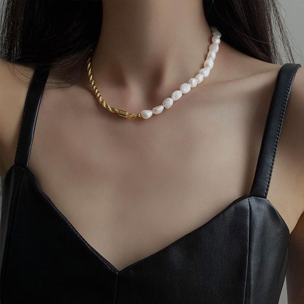

chains design freshwater natural pearl stitching necklace temperament fashion net red simple retro clavicle chain female, Silver