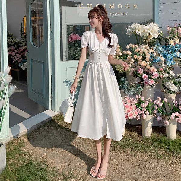 

v neck single breast design a-line dress women high waist draped vestidos puff short sleeve robe summer 210529, Black;gray