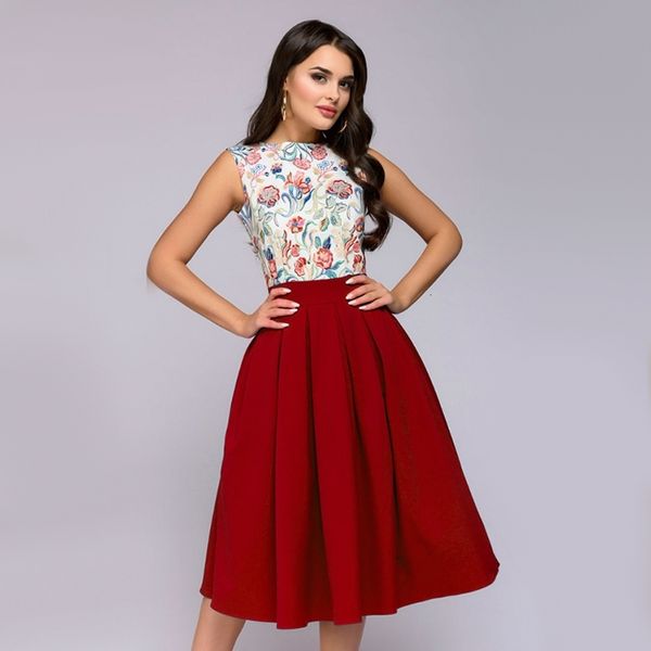 

fashion printing a-line women elegant knee-length bohemian dress summer casual sleeveless floral party dresses, Black;gray