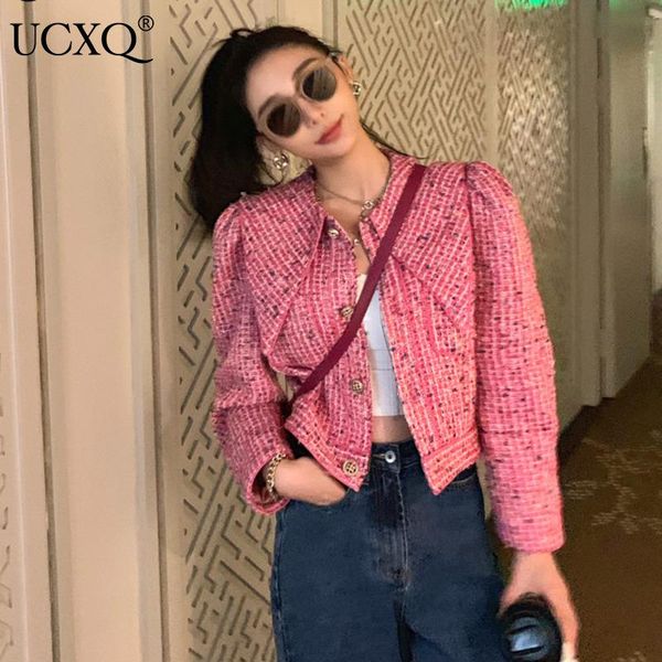 

women's wool & blends ucxq woman tweed jacket large lapel single breasted long sleeve slim short korean fashion vintage style 2021 autu, Black