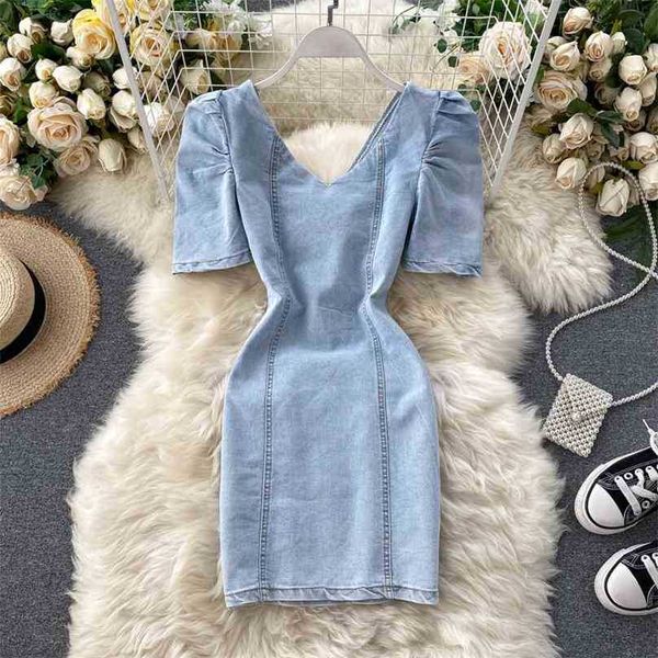 Kadınlar Vintage Elbise Moda Seksi V Boyun Ince Bodycon Es Yaz Backless Kısa Denim Robe Prim-Elbiseler 210525