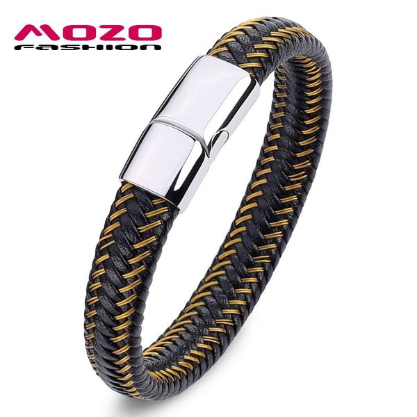 

charm bracelets mozo fashion 2021 men punk bracelet steel wire & leather braided rope stainless magnet clasp gifts p2052, Golden;silver