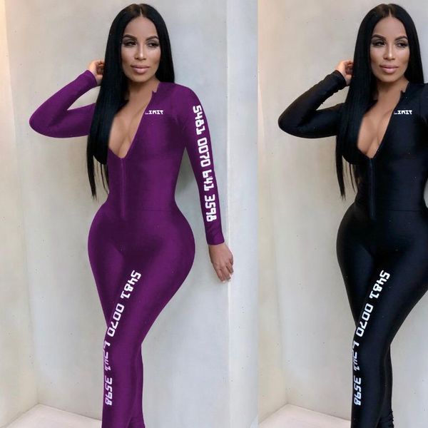 

european style letter womens jumpsuits print jumpsuit women long sleeve skinny bodysuit one piece overalls clubwear 6132, Black;white