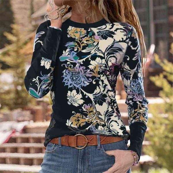 

women t-shirt spring autumn casual o neck floral print loose tee shirt female streetwear long sleeve pullover new plus size 210330, White