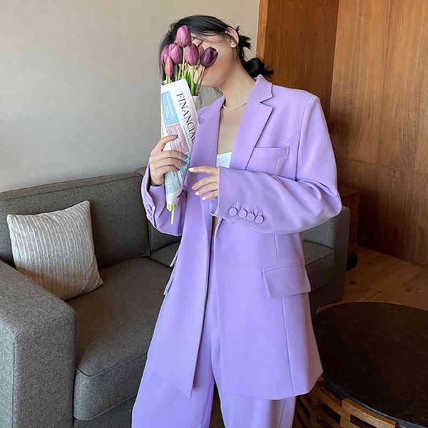 

women's two piece pants shengpalae temperament purple single button blazer and high waist trousers two piece sets for women in spring f, White
