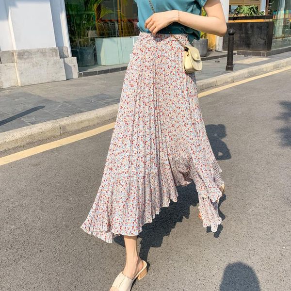 

skirts plus size 2021 women casual high waist midi chiffon print pleated skirt fashion slim elegant office lady, Black