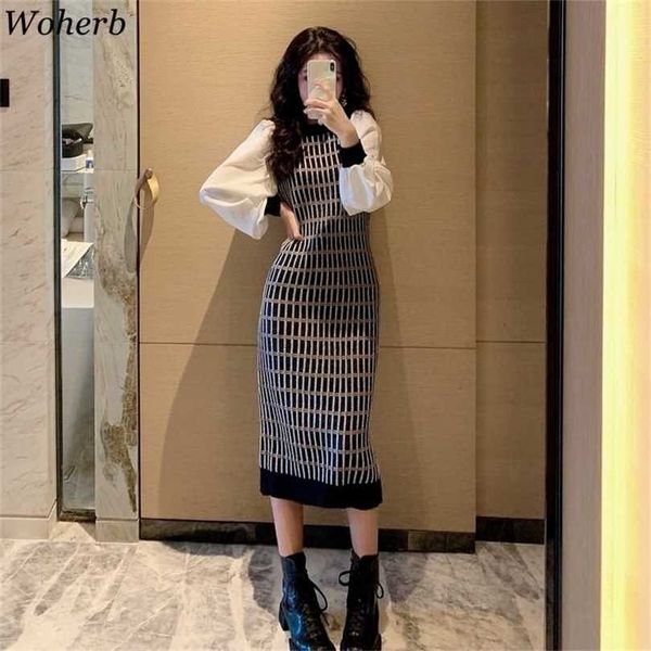 

woherb spring autumn knitted slim dresses long puff sleeve women plaid pencil sweater dress korean bodycon vestidos 211109, Black;gray