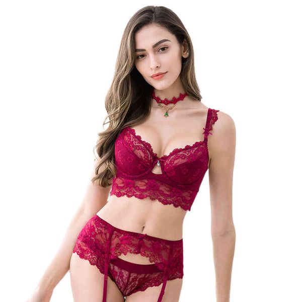 Cyhwr Lace Sexy Reúna Underwear Set Sutiã + Panty + Y-Line Straps 3pcs Abcd Copo para as mulheres X0526