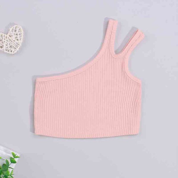 

3 colors summer casual kids girls solid one shoulder sleeveless short length vest outfits 2 7y, Blue