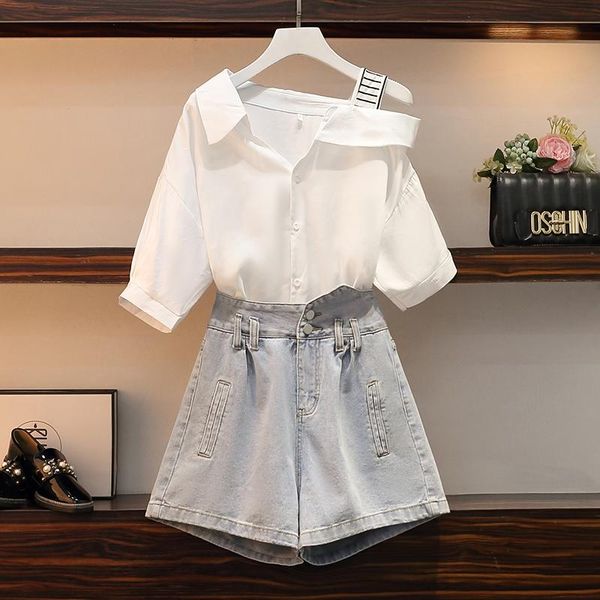 

plus size tracksuits 2 piece set women and shorts off-shoulder blouse summer outfits korean style clothes cute girl suit 2pcs cloth, Black