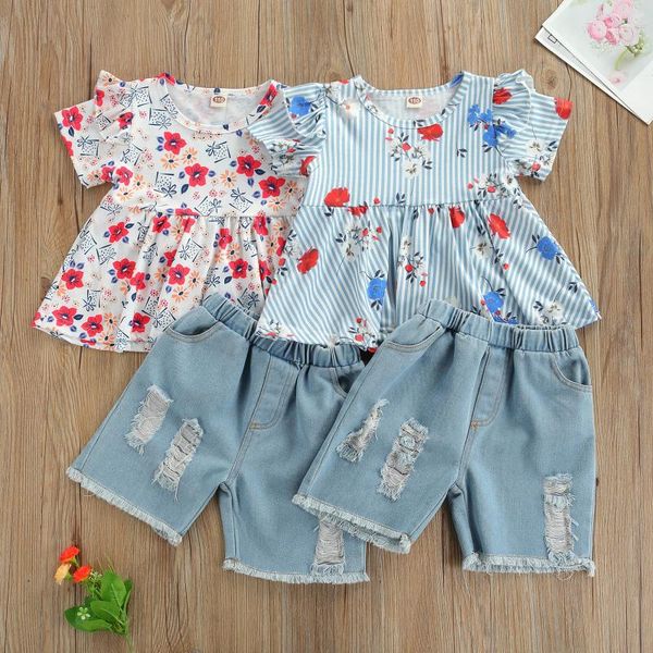 

2pc kids casual set flower print o-neck short sleeve pullover t-shirt ripped denim shorts for summer 18 months-6 years clothing sets, White