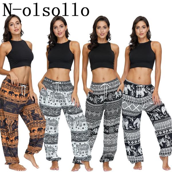 

women's pants & capris n-olsollo thailand styles 3d elephant printed wide leg high waist tied loose casual harem gymn jogger trousers, Black;white