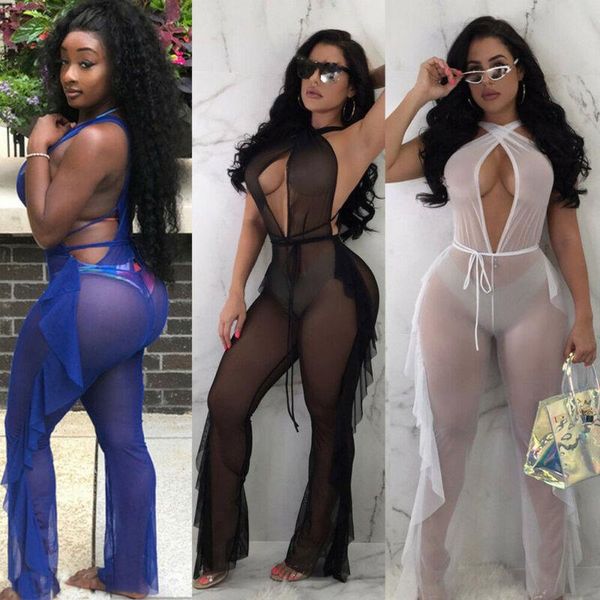 

women's swimwear women transparent mesh jumpsuit beachwear bikini cover up see through sheer v neck overalls rompers, White;black