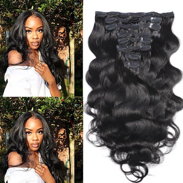 

human hair bulks brazilian remy clips in extensions body wave 8-30inch natural color 120g/set, Black
