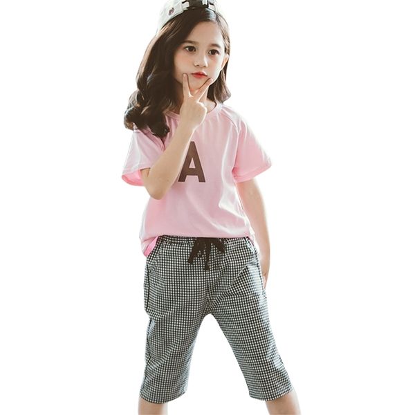

kids clothes girls letter tshirt + short clothing for plaid pattern sets casual style children's gi 210528, White