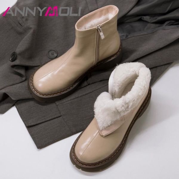 

boots annymoli snow woman real leather high heel ankle platform block shoes zip round toe female short winter, Black