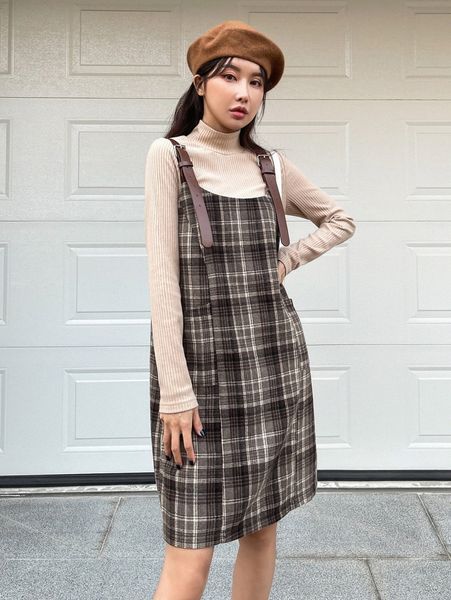 

dazy plaid print overall dress & mock neck f8yc#, White