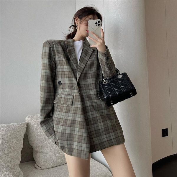 

women's suits & blazers plaid mid-length suit jacket loose double-breasted fried street 2021 autumn high-end blouse, White;black
