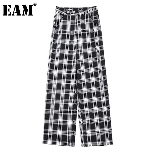 

[eam] high elastic waist black white plaid wide leg trousers loose fit pants women fashion spring autumn 1dd6684 210512