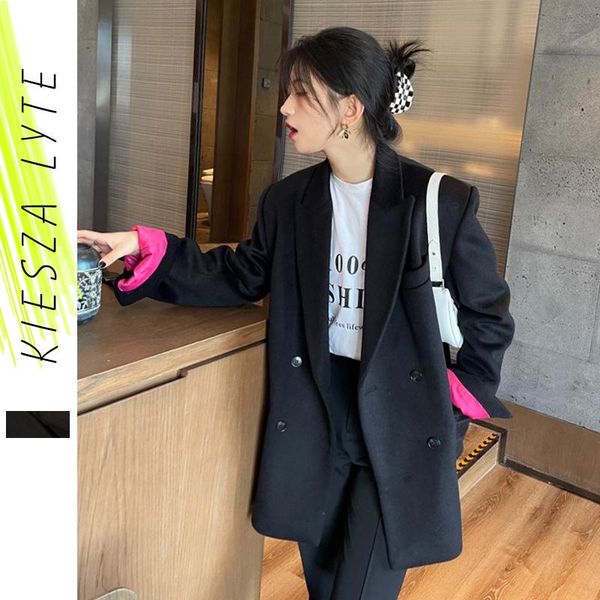 

women's wool & blends women black blazer coat fashion patchwork winter warm woolen suit coats outerwear chic veste femme streetwear des