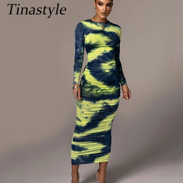 

tinastyle tie-dye print ruched dress women long sleeve bodycon winter elastic casual party christmas vestidos dresses, Black;gray