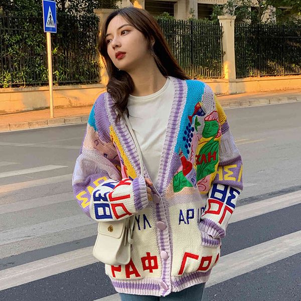

women's knits & tees harajuku knitted cardigan vintage graffiti embroidery sweater pullover women couple hip hop streetwear casual, White