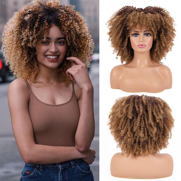 

synthetic wigs leeons fluffy afro kinky curly wig 14" short hair with bangs for black women blonde mixed brown
