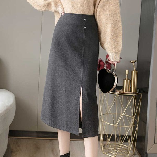 

korean version of solid color high waist woolen skirt winter slim single-breasted split mid-length office 210527, Black