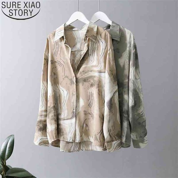 

ink print shirt women sunscreen autumn polo collar loose fashion long s vintage sleeve blouses blusas 11309 210506, White